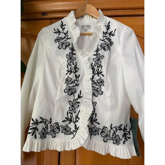 Coldwater Creek White Embroidered Ruffle Blouse Sz 14 NWT Back Zipper - Picture 2 of 14